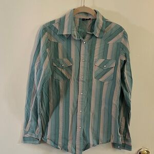 Stylish Striped pearl snap Button-Down Shirt - Teal and Beige